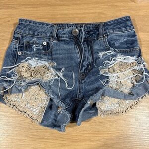 American Eagle Outfitters Blue Jean Shorts with Lace Details